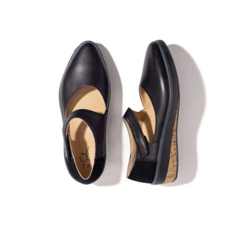 Soleni Marie Orthotic Mary Jane Style Womens Size 8.5 Black Leather Wedge Flats - Picture 11 of 14
